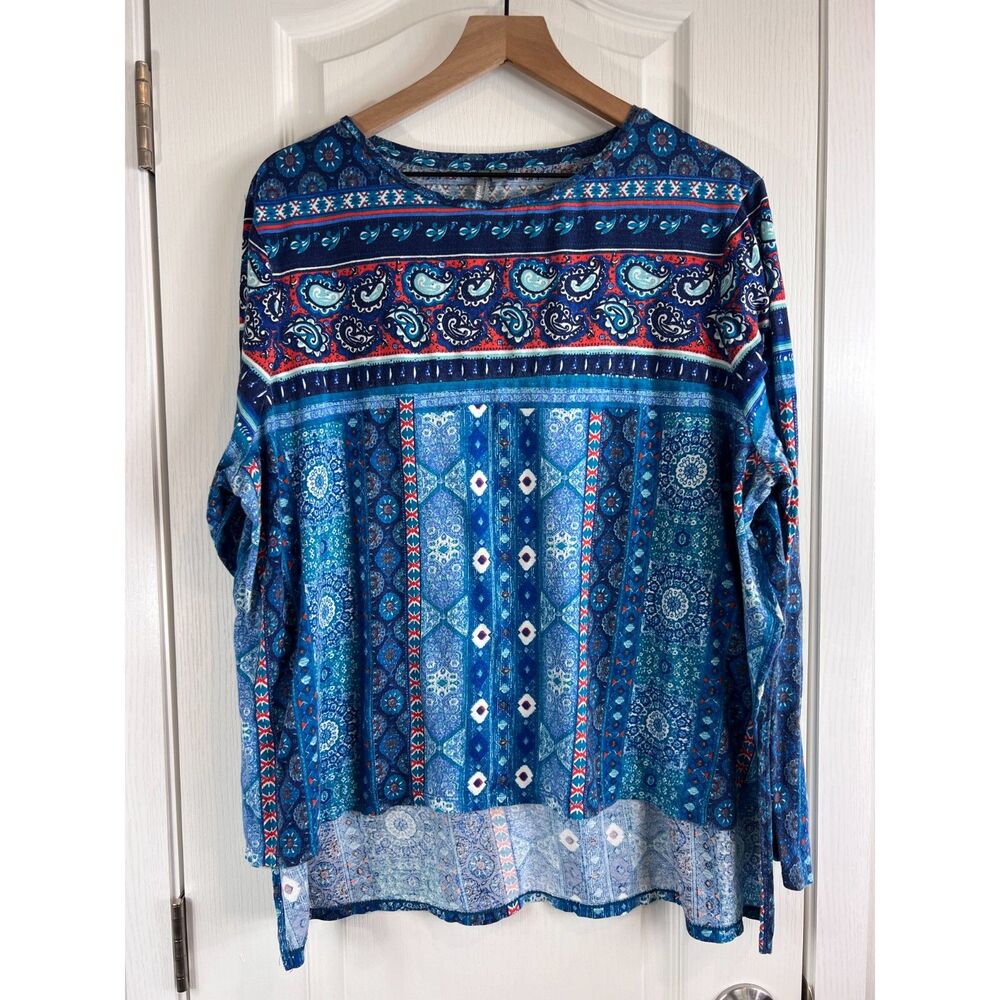 New Directions Weekend Women's Blue Orange White Paisley Print Top Size 2X